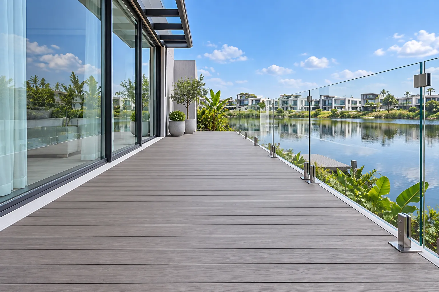 Contemporary waterfront deck with glass balustrade