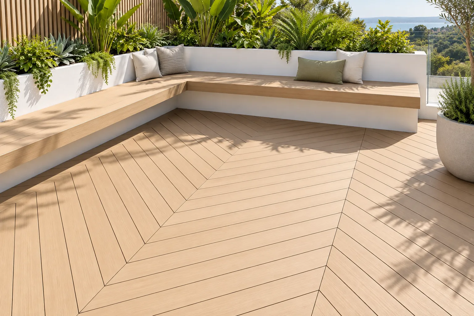 Built-in outdoor bench and patterned timber terrace