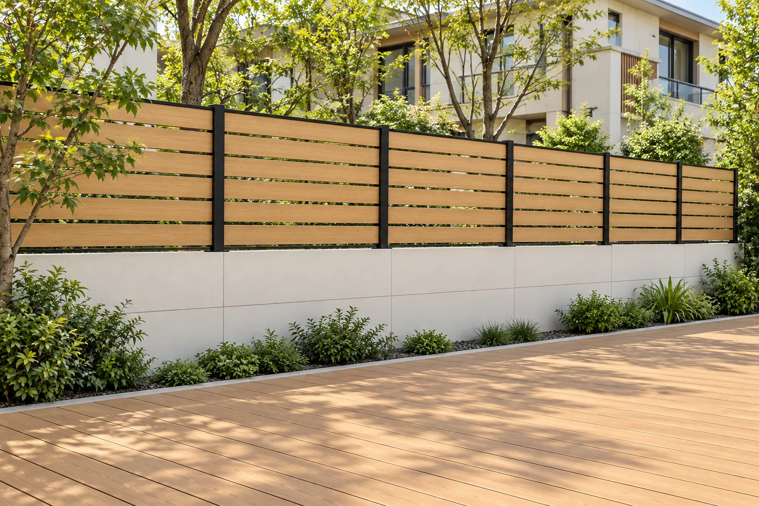Horizontal timber fence with contrasting dark posts surrounding a landscaped courtyard