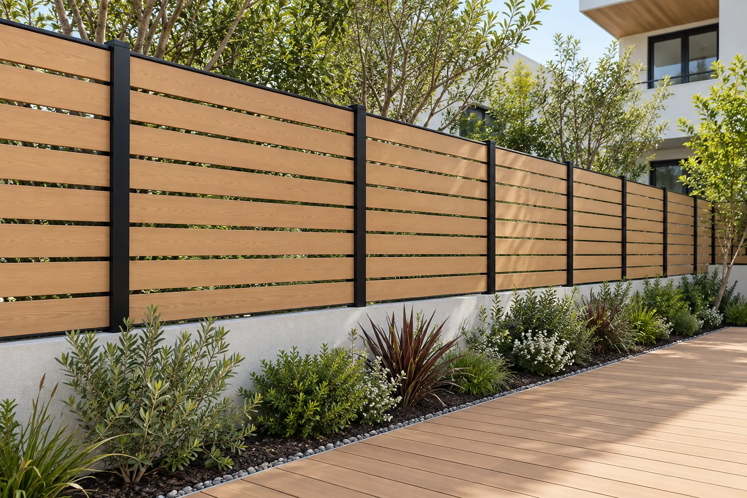 Long horizontal timber fence defining a contemporary garden edge