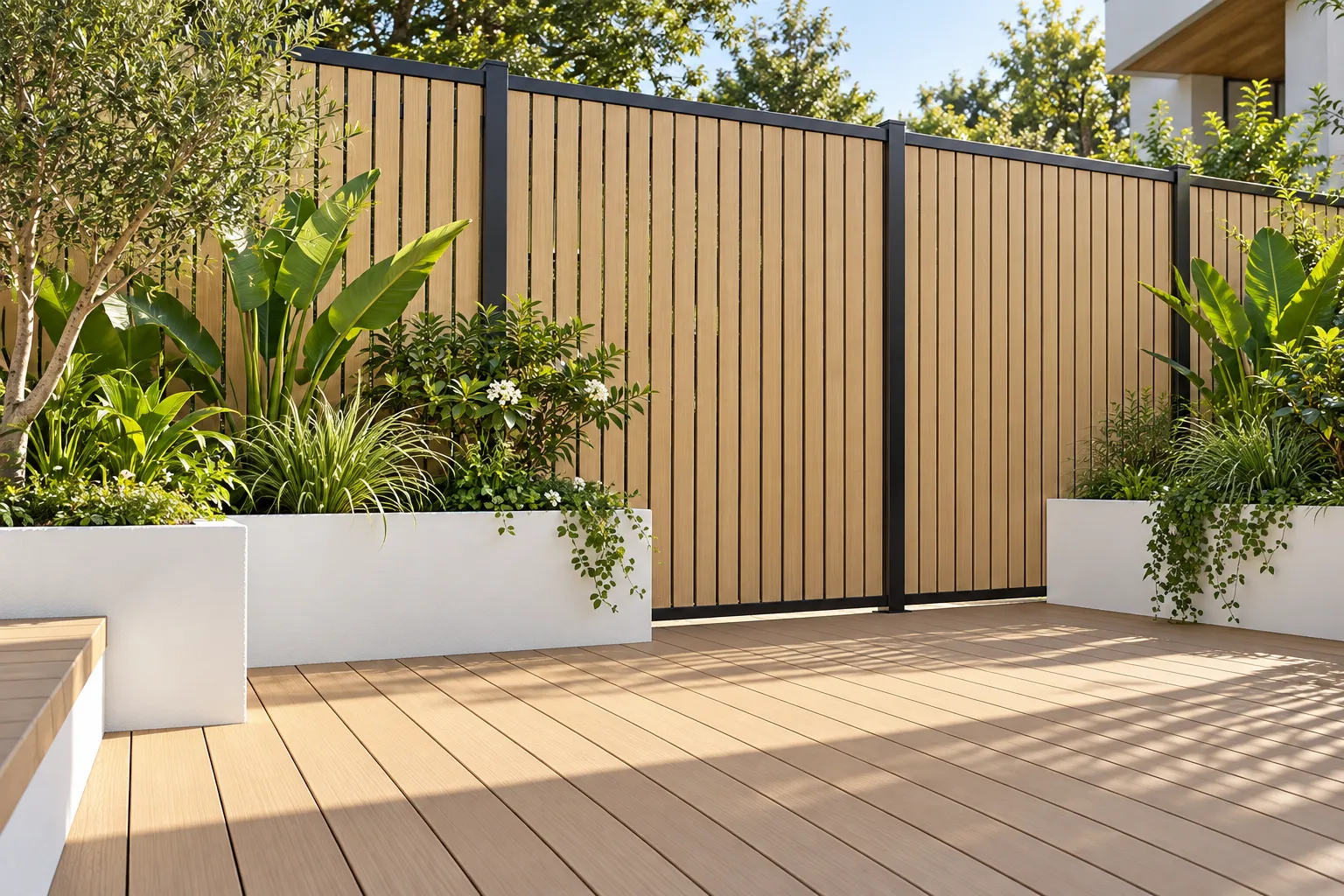 Vertical timber fence and matching pedestrian gate in a planted courtyard