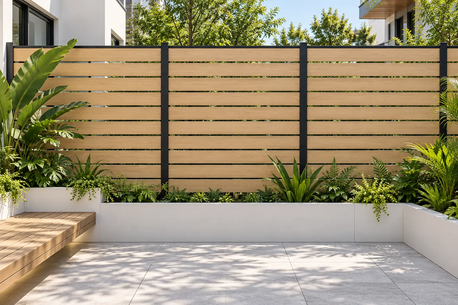 Horizontal timber privacy fence framed by lush tropical planting