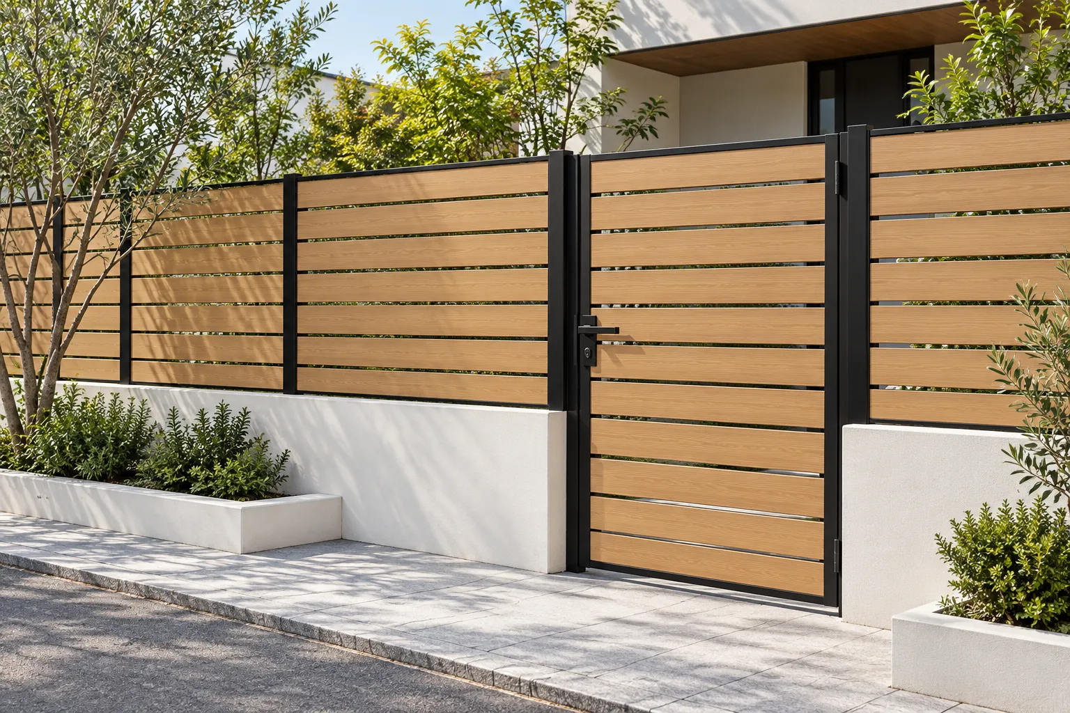 Contemporary horizontal timber fence with a coordinating entry gate