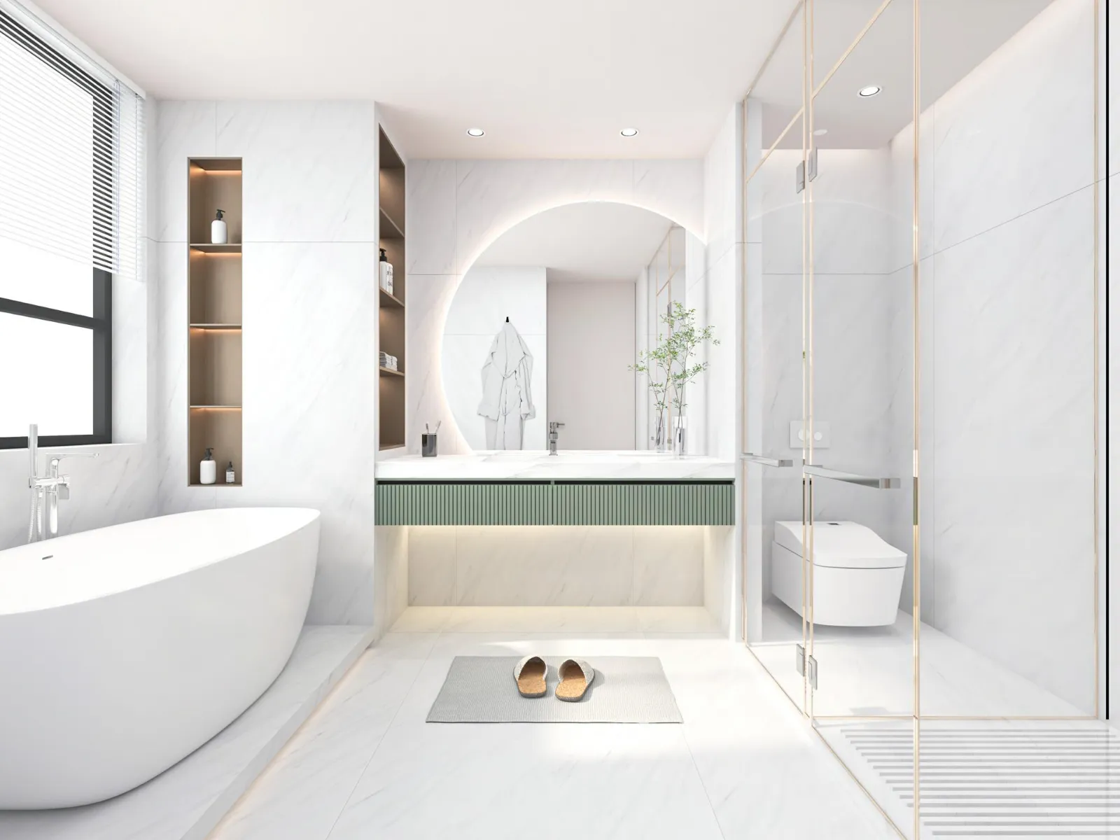 Light marble-look flooring in a contemporary bathroom