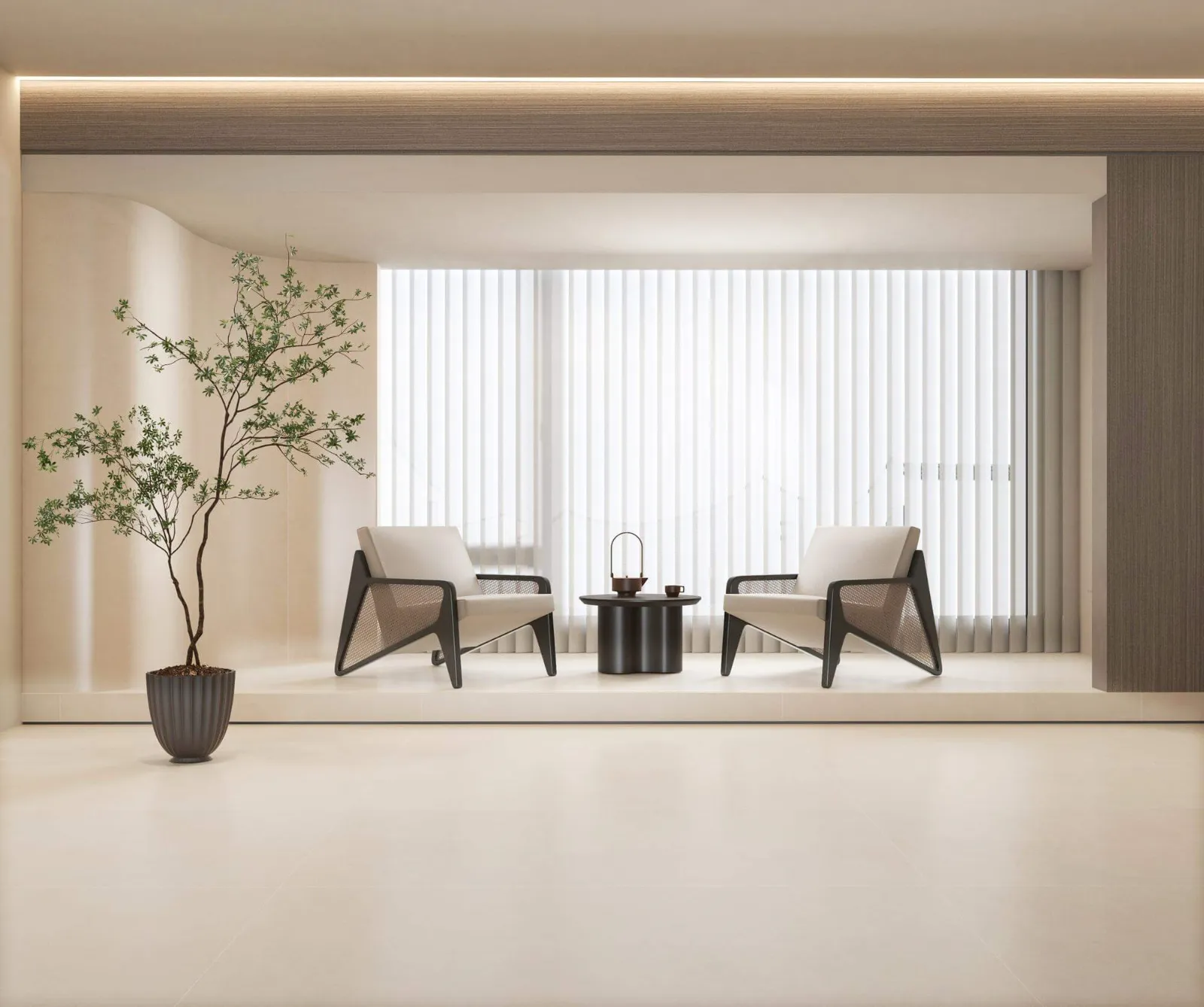 Soft ivory flooring in a refined minimalist lounge