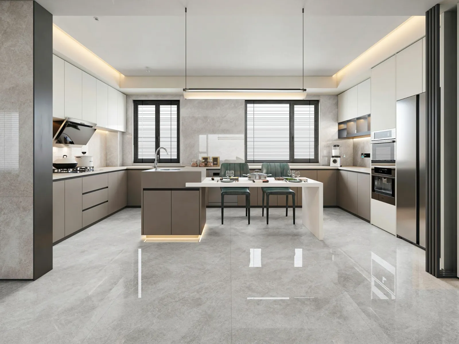 Contemporary gray tile flooring in a bright modern kitchen