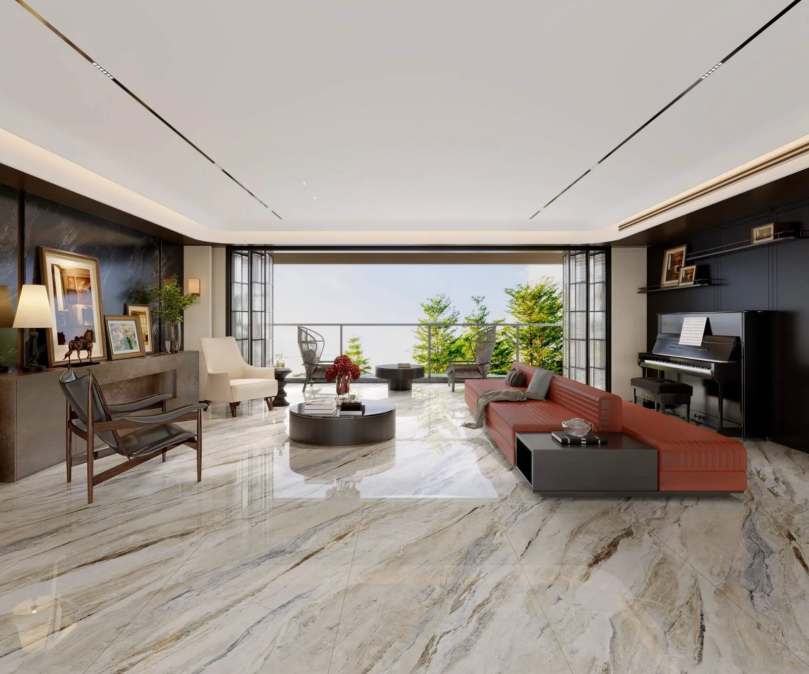 Dramatic veined stone-look flooring in an elegant living space