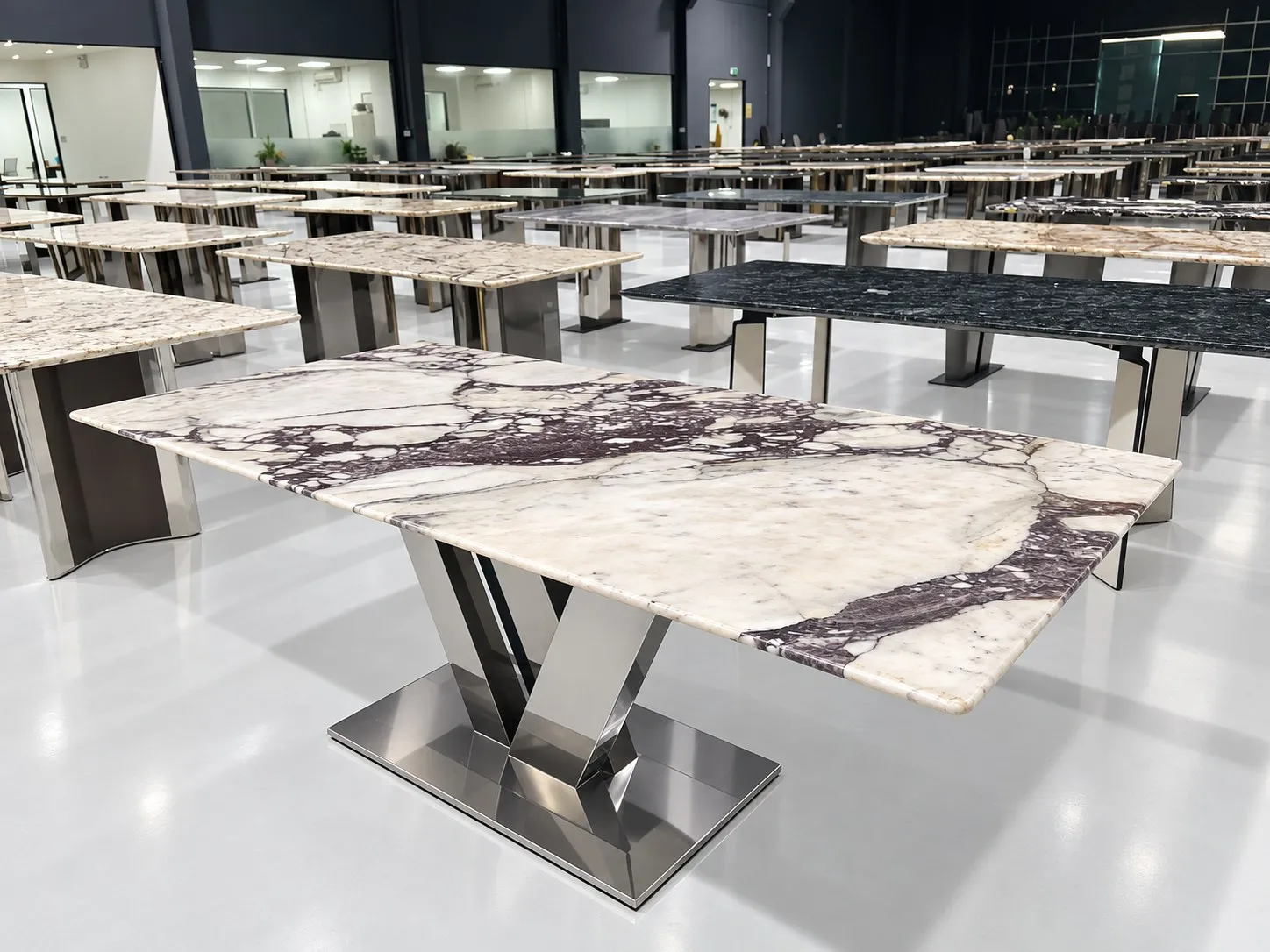 Marble dining table with a sculptural polished steel base