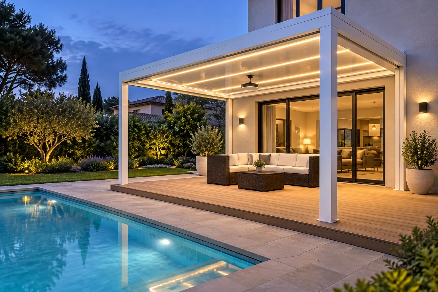 Poolside terrace with an illuminated pergola at dusk