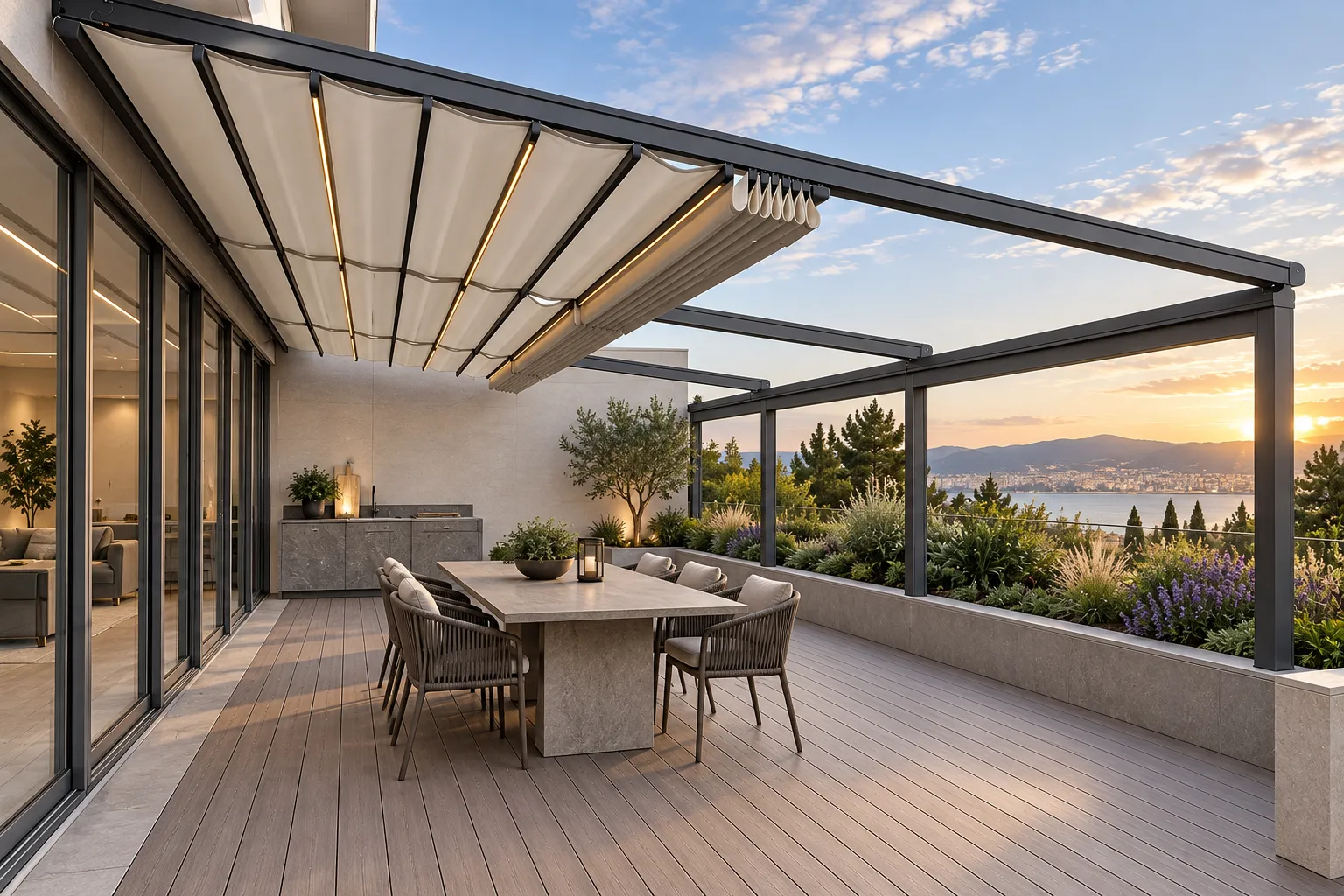 Modern terrace dining area with a retractable pergola canopy
