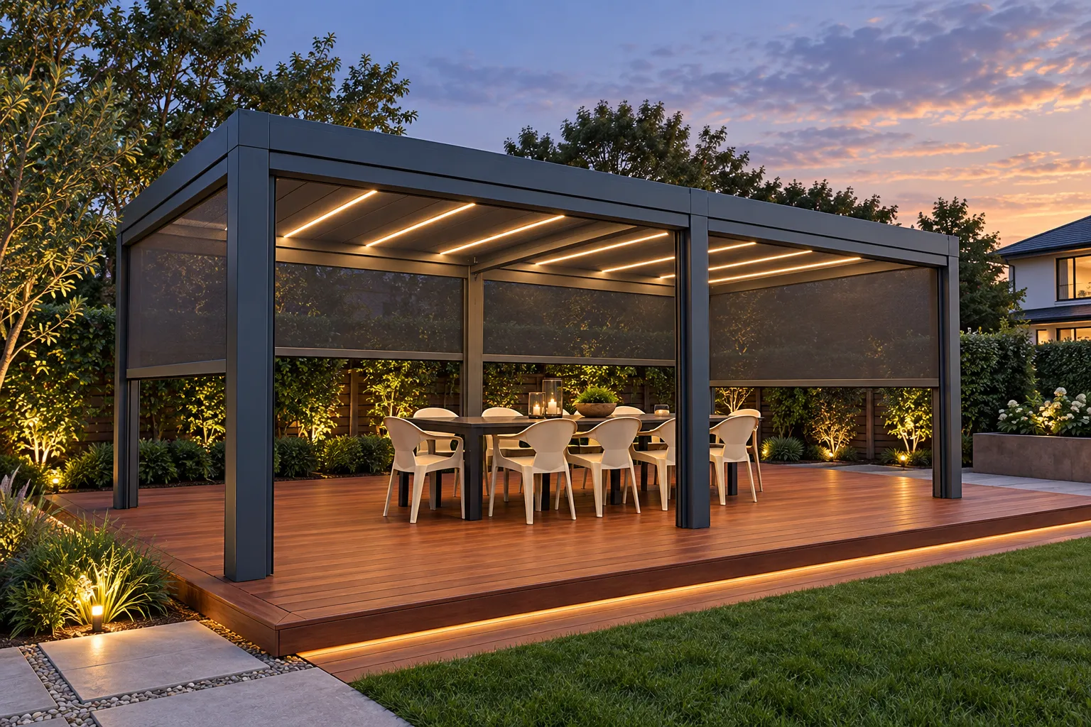 Covered outdoor dining deck with integrated evening lighting