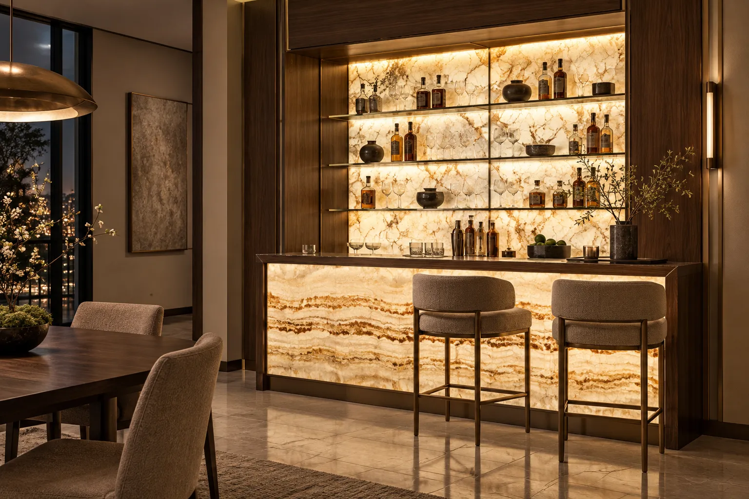 Backlit stone bar and shelving in a warm interior