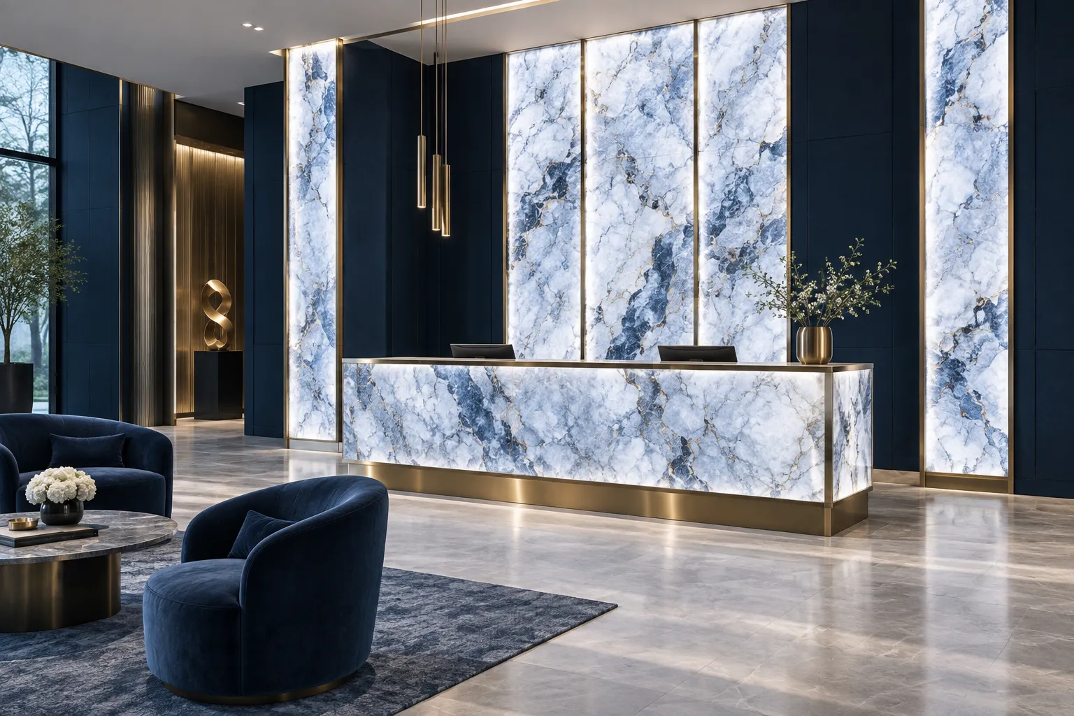 Illuminated stone feature wall behind a reception desk