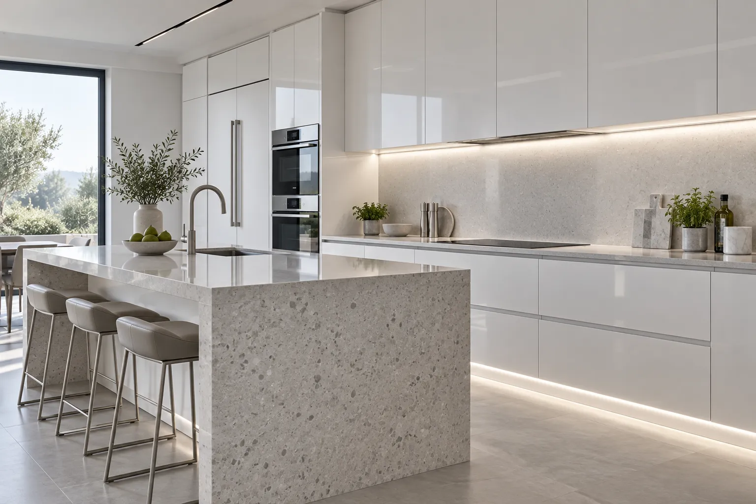 Minimal white kitchen with discreet under-cabinet lighting