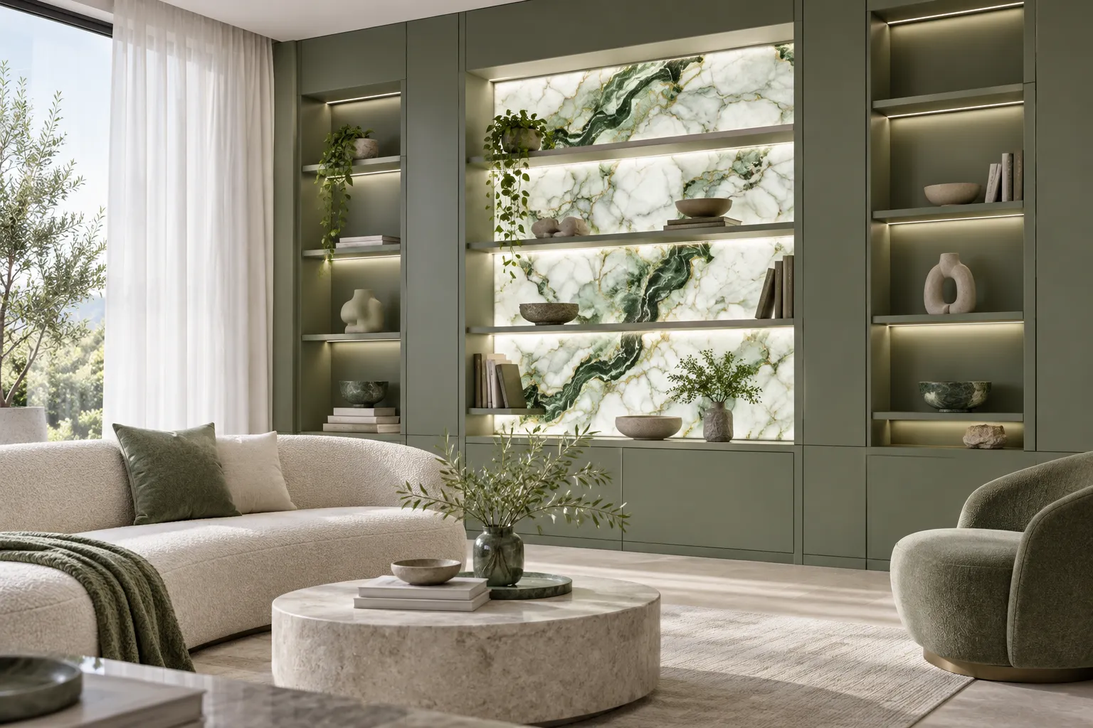 Shelving with softly illuminated green stone panels