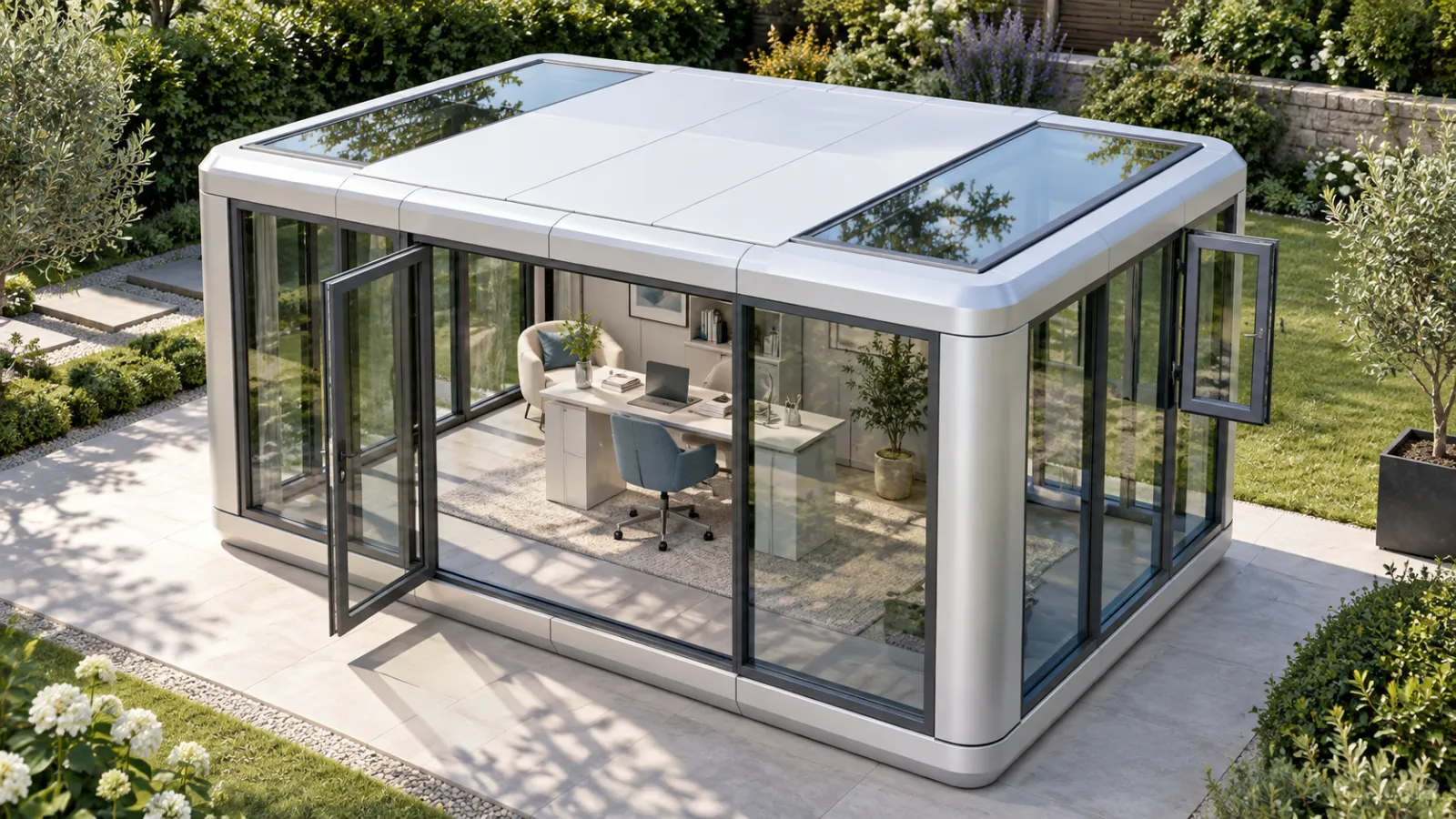 Sunroom with skylights and a bright garden workspace