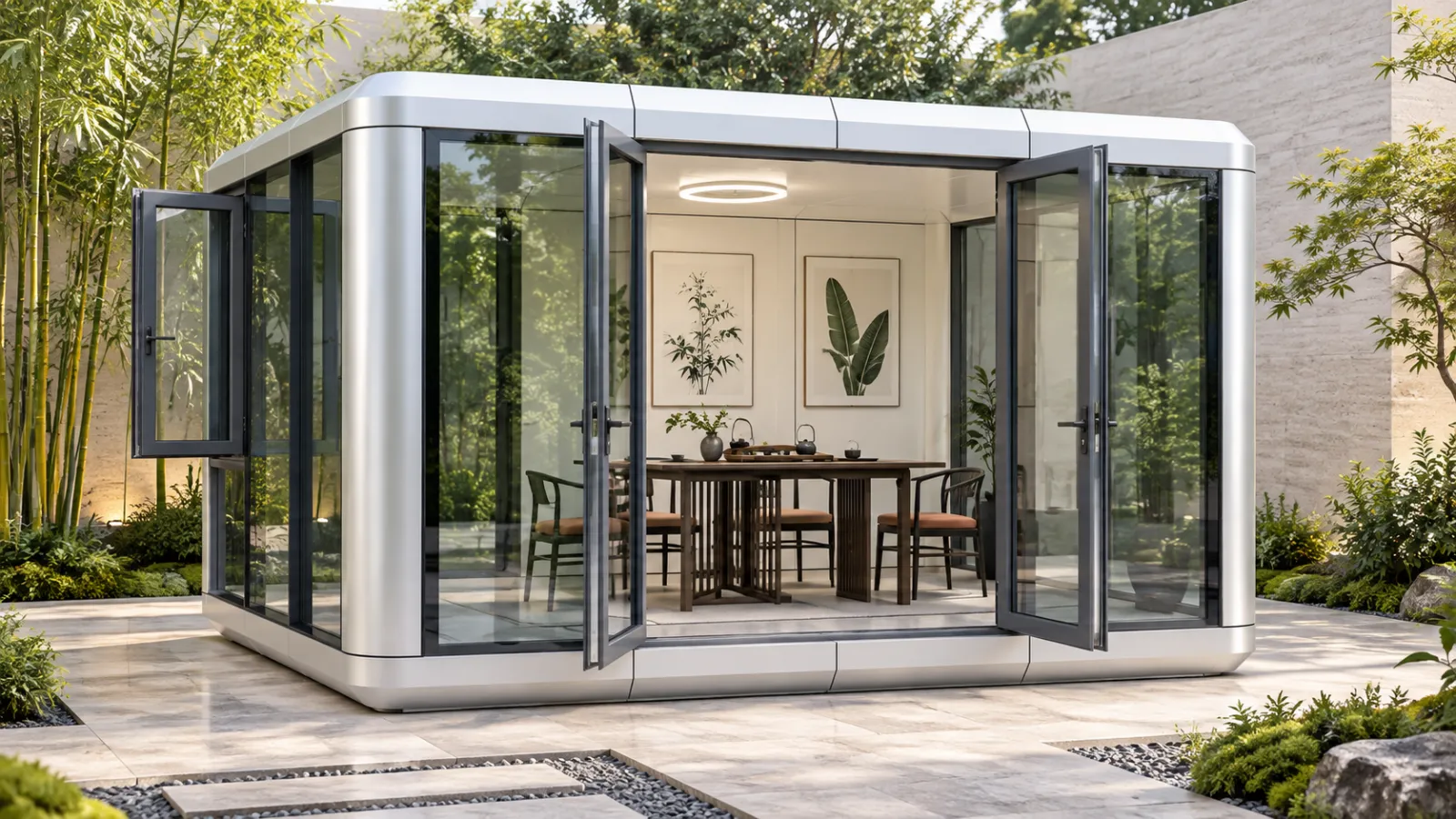 Contemporary sunroom arranged as a garden tea room