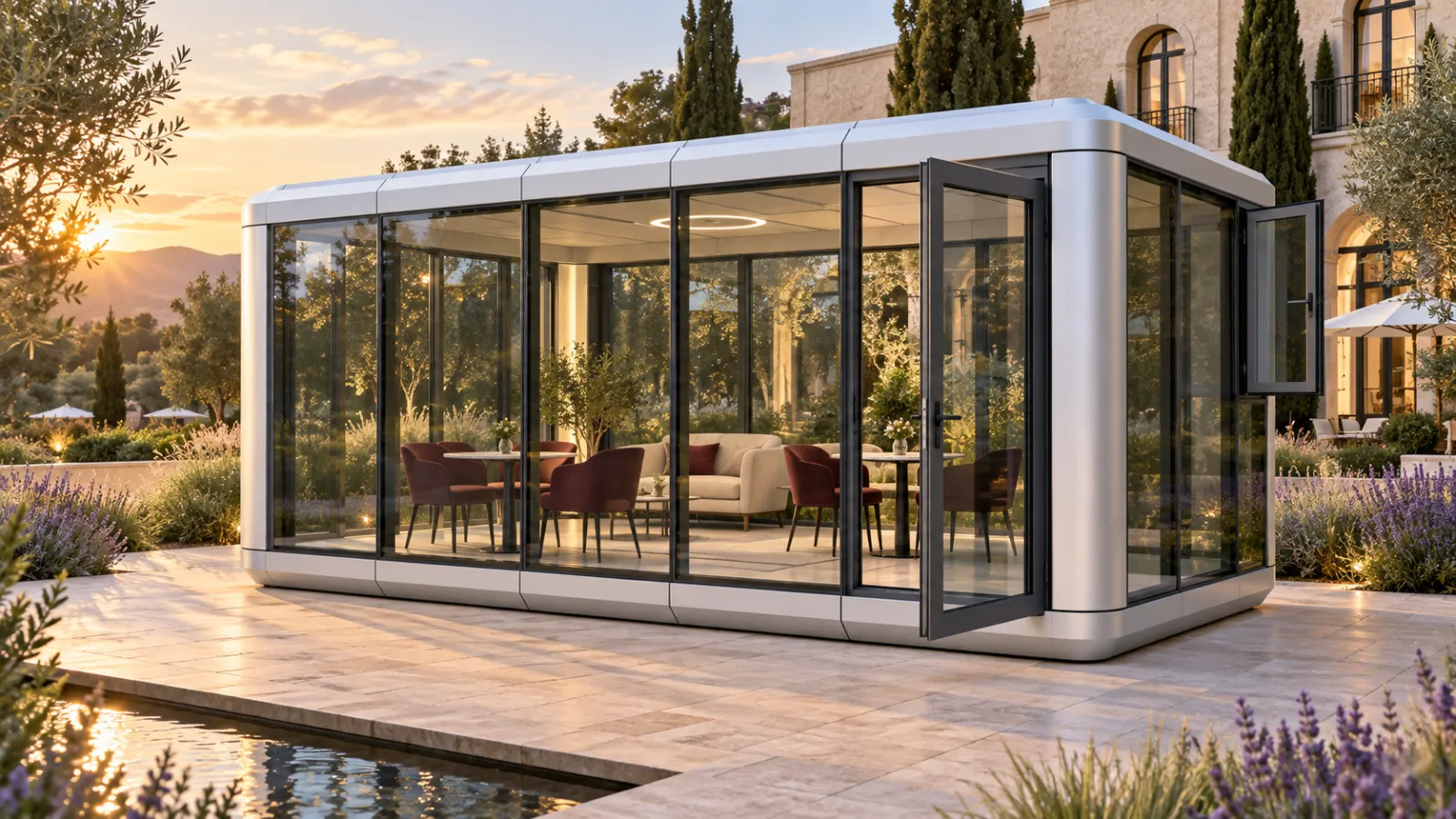 Freestanding sunroom glowing at sunset within a landscaped courtyard
