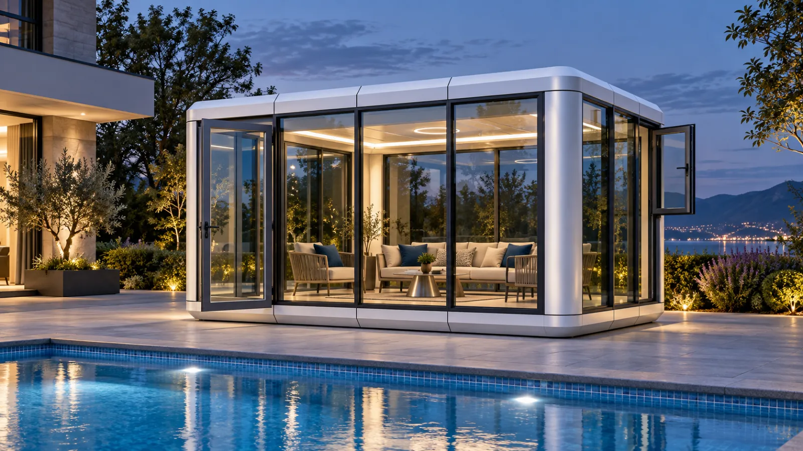 Illuminated glass sunroom beside a pool at dusk