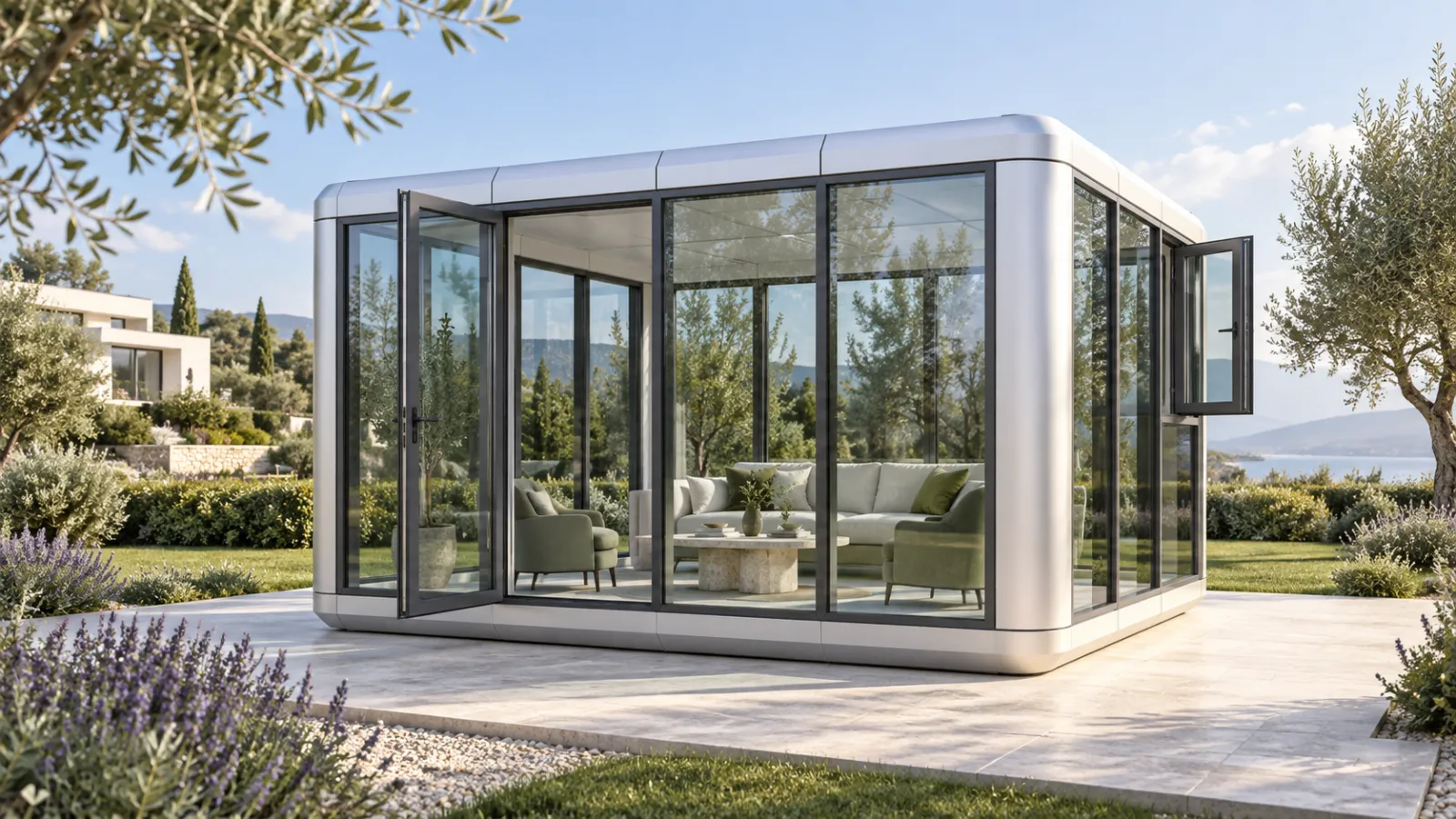 Freestanding glass sunroom set within a landscaped garden