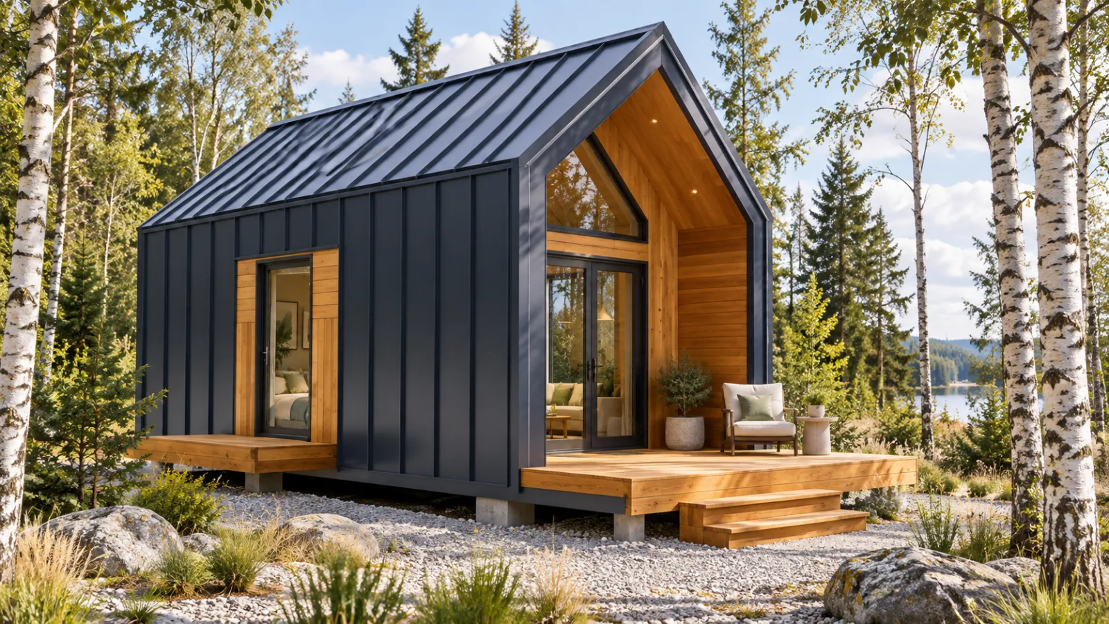 Compact gabled ADU with a timber porch in a wooded landscape
