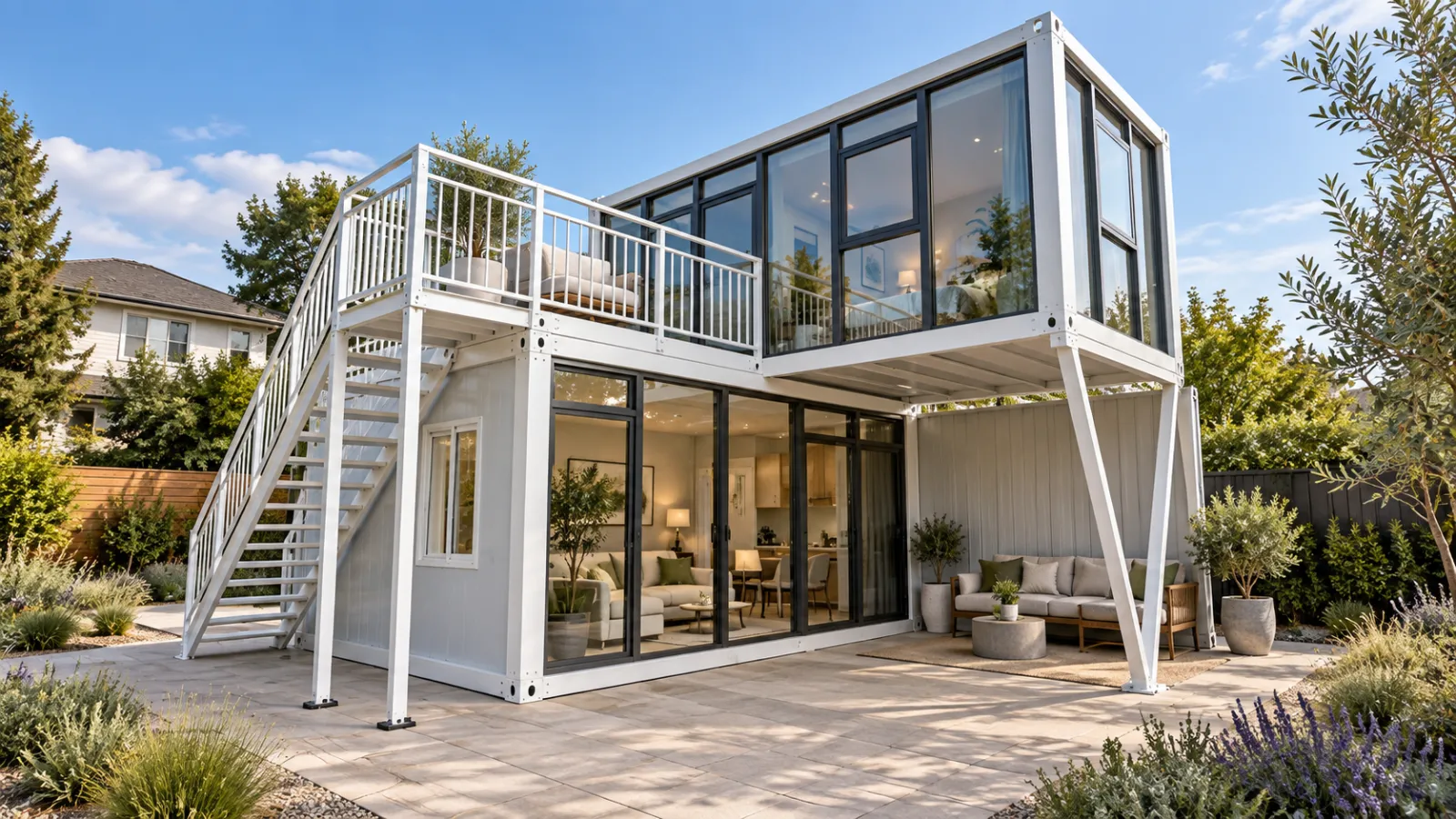 Two-story modular backyard home with an elevated deck