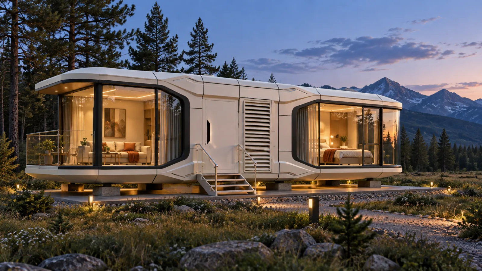 Contemporary modular cabin glowing at dusk in a mountain setting