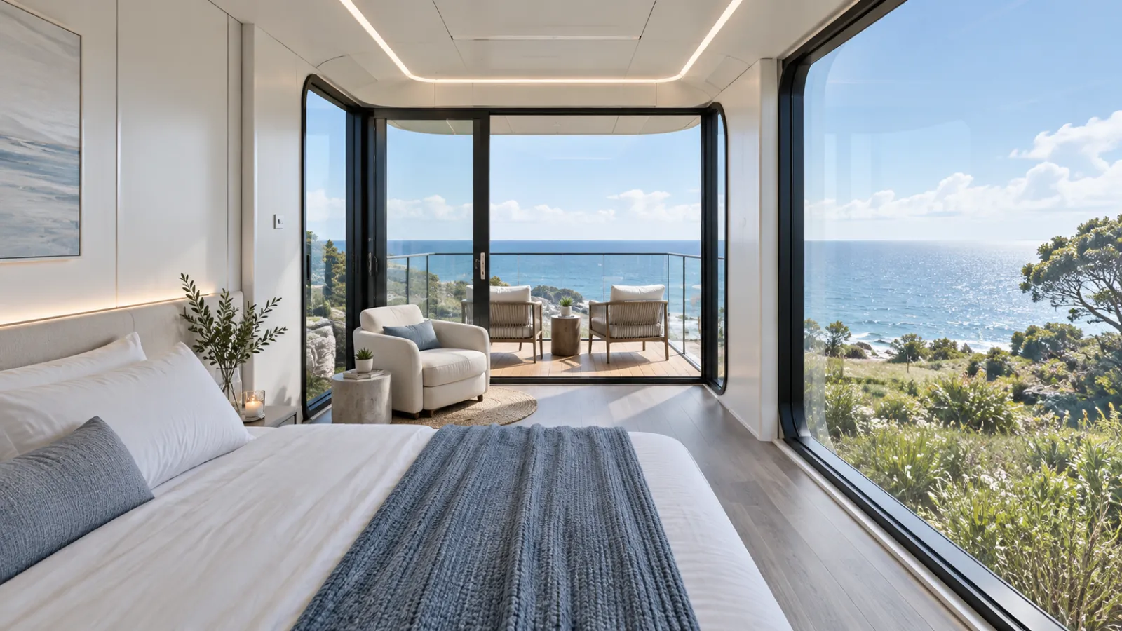 Light-filled modular bedroom opening to an ocean view