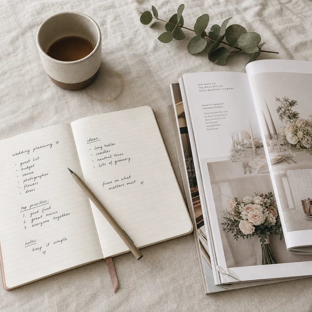 A notebook, pen and coffee cup beside open wedding magazine pages on a linen table