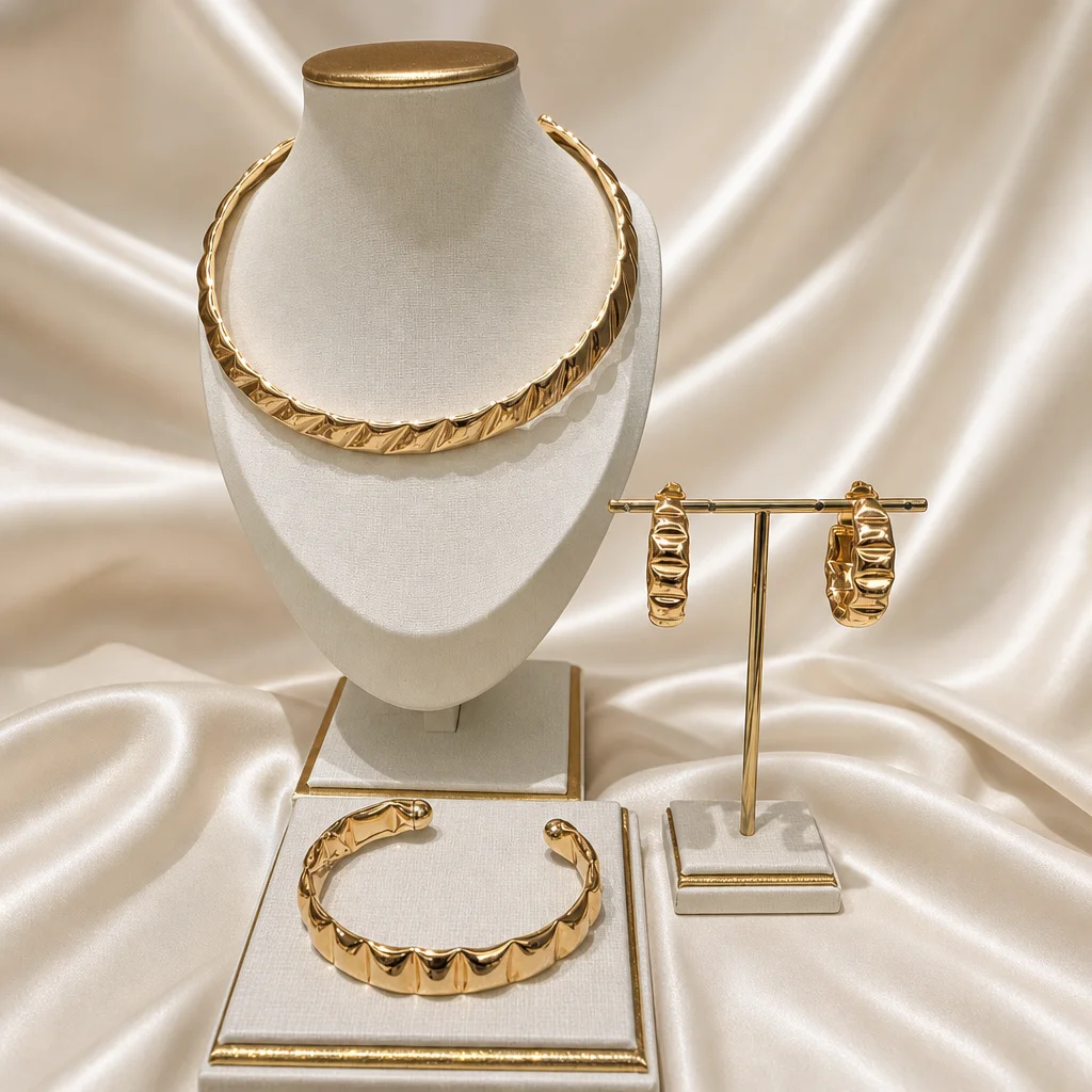 Colar, brincos e bracelete com relevos que se complementam.
