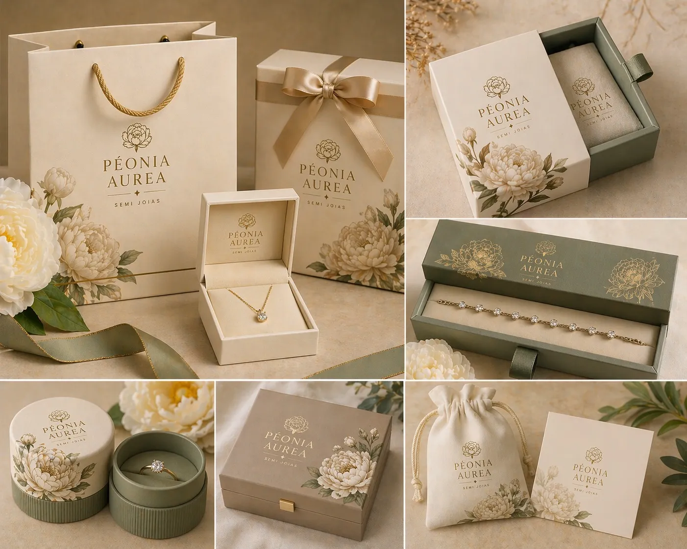 Embalagens da marca: sacola, caixas e saquinho com motivos florais e detalhes dourados