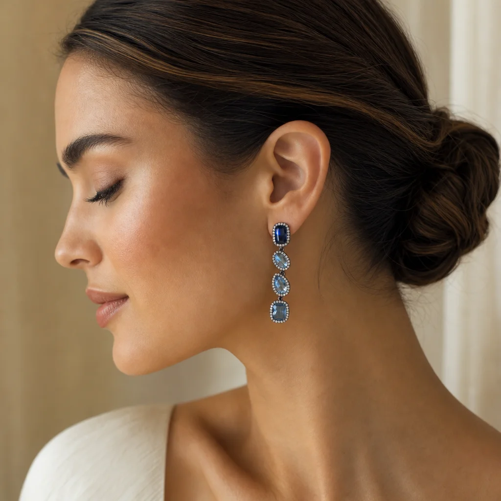Brincos Cascata Azul em modelo — imagem ilustrativa criada com IA