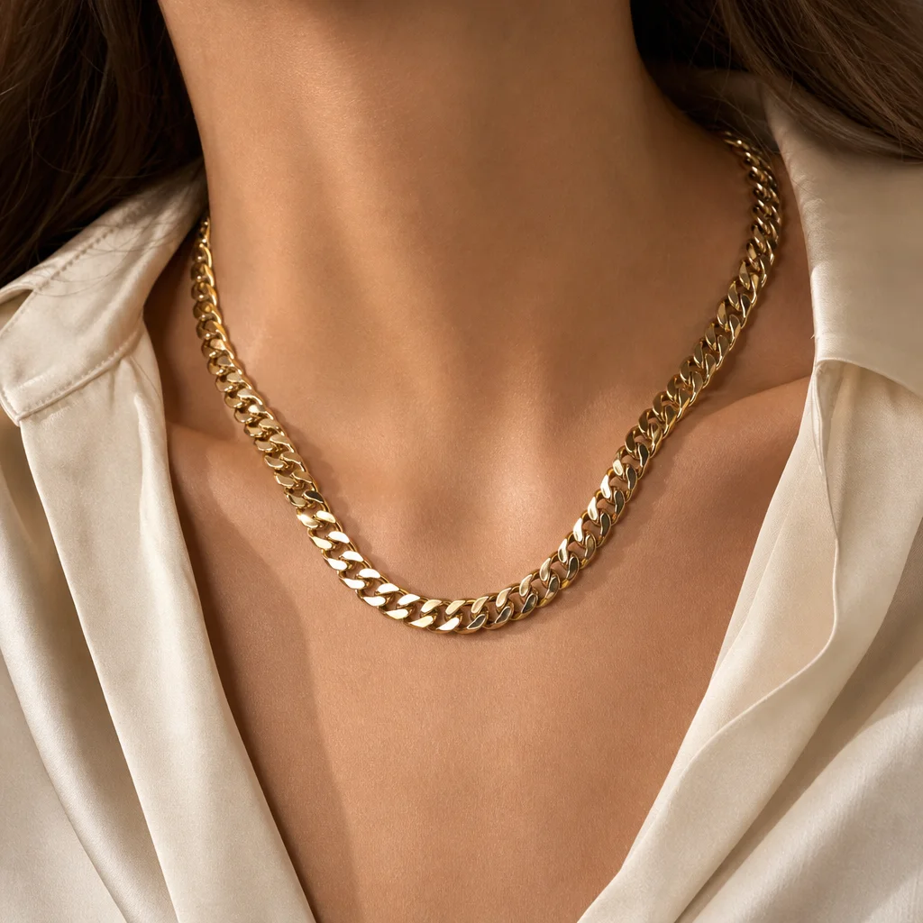 Colar Grumet Dourado em modelo — imagem ilustrativa criada com IA