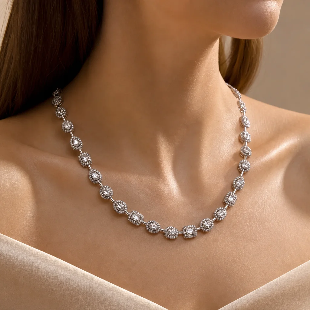 Colar Riviera Halo Cristal em modelo — imagem ilustrativa criada com IA