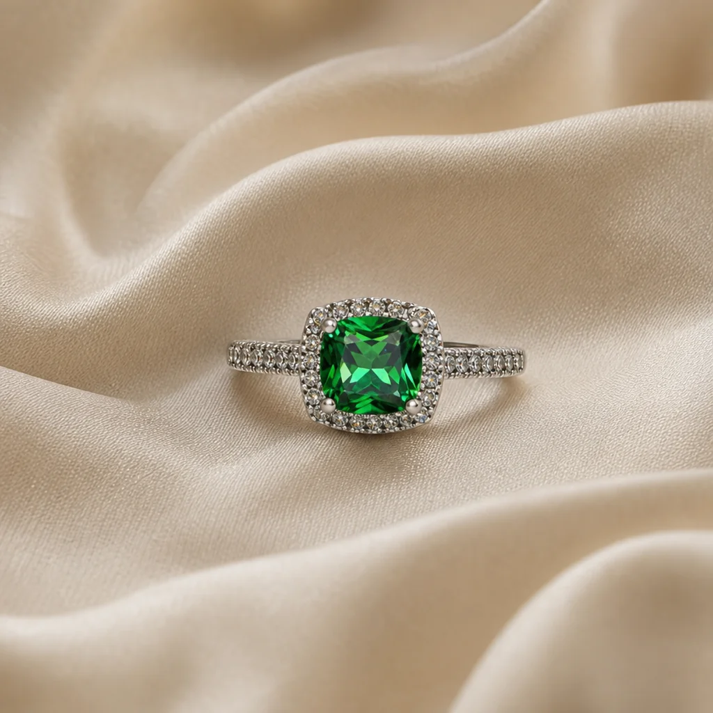 Pedra verde em lapidação almofada com halo de pedrinhas cristal.
