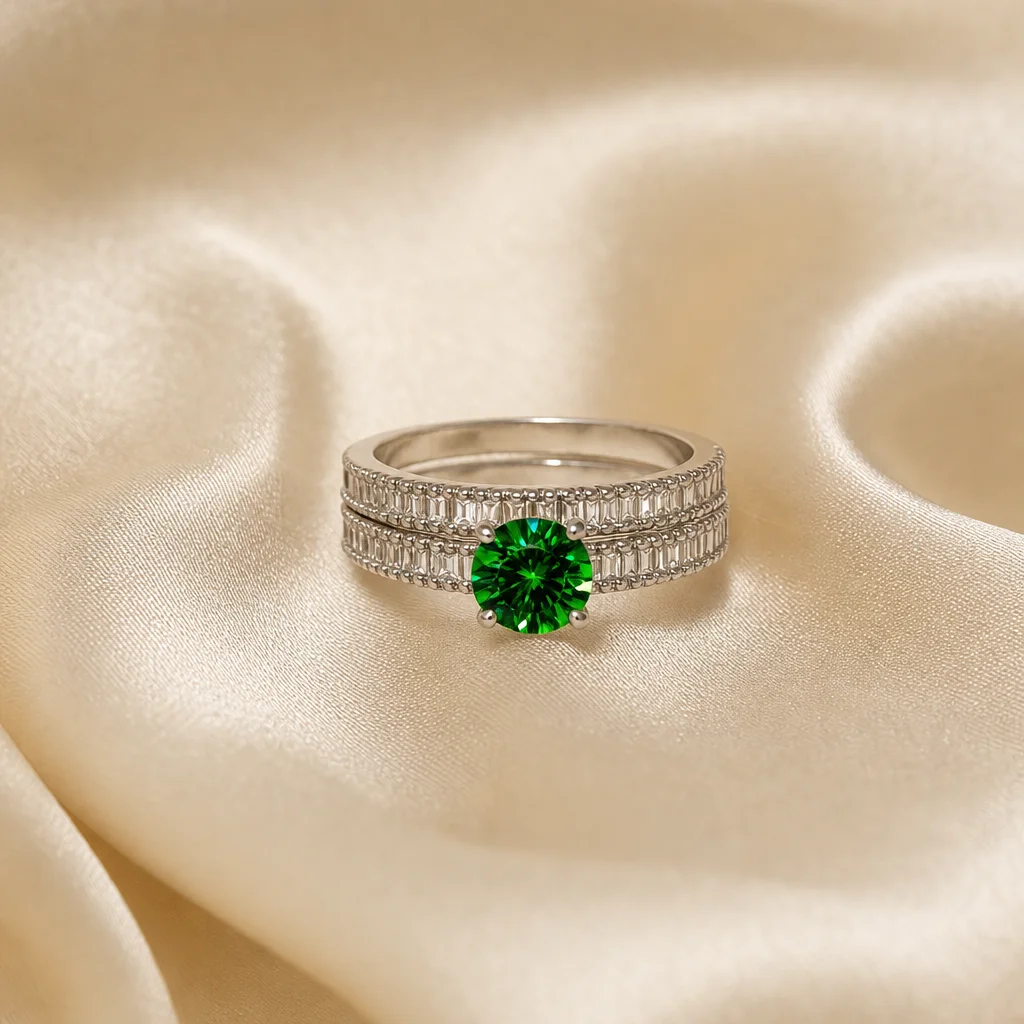 Dois aros de pedras baguete cristal com pedra verde redonda ao centro.