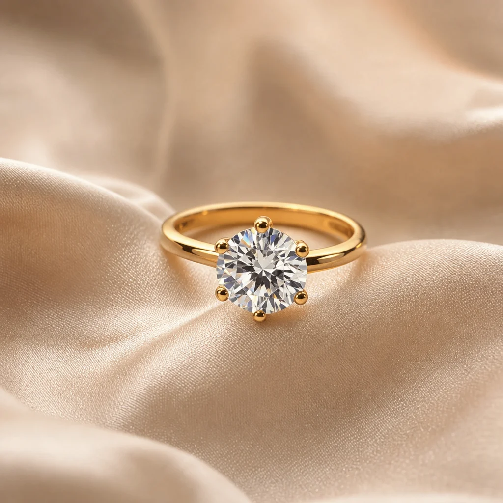 Aro dourado liso com grande pedra cristal presa por seis garras.