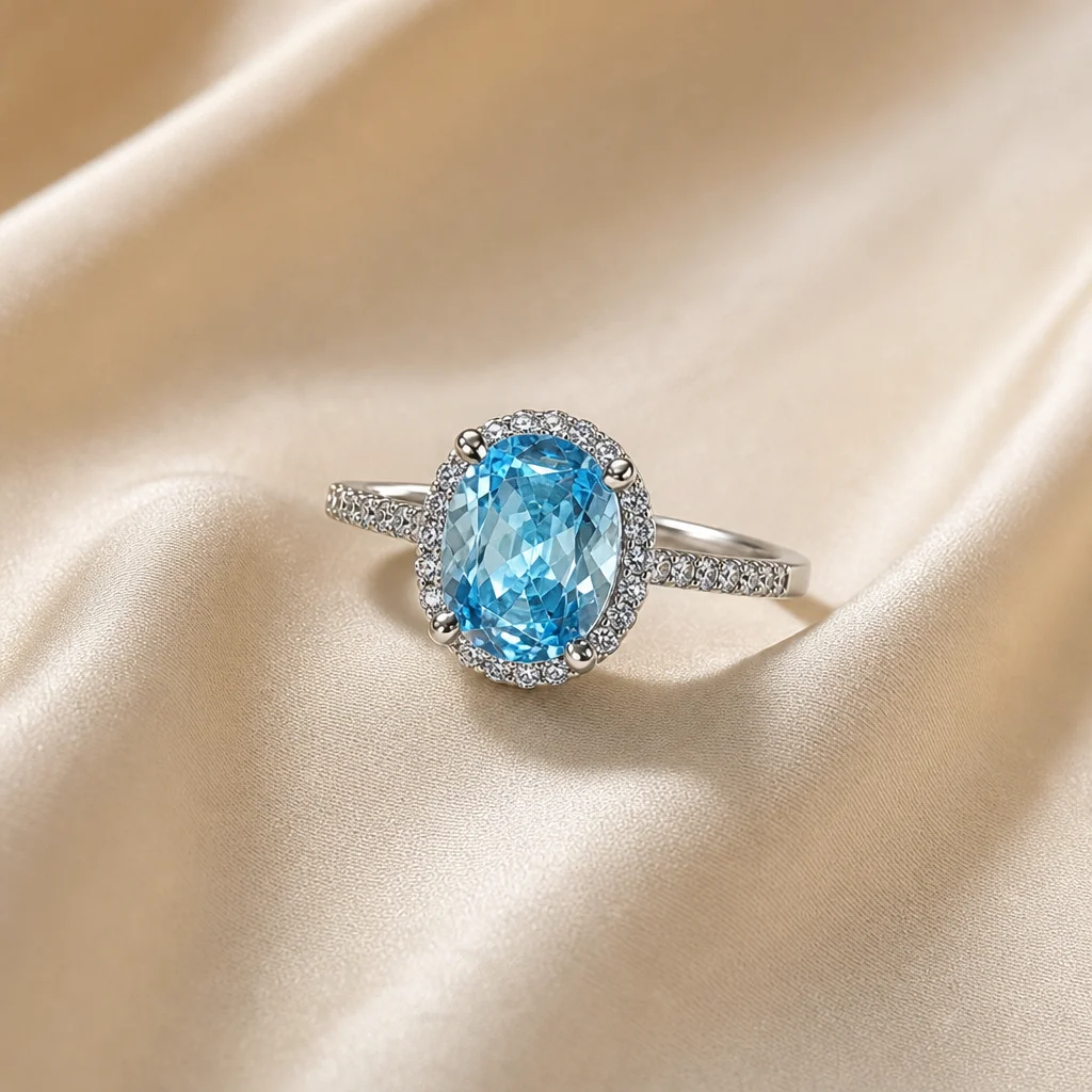 Pedra oval azul-céu em halo de pedrinhas cristal, com aro fino cravejado.
