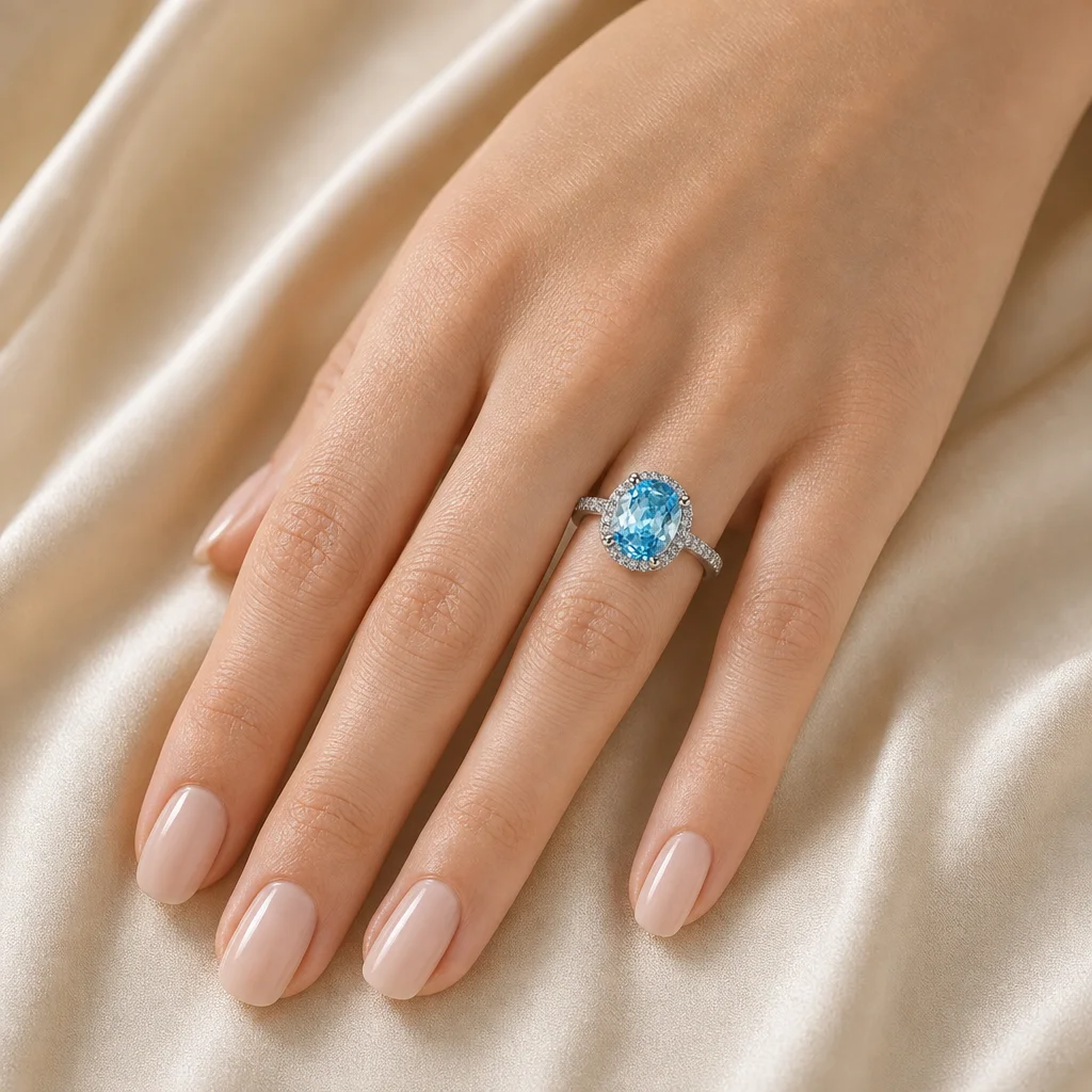 Anel Oval Azul Céu em modelo — imagem ilustrativa criada com IA