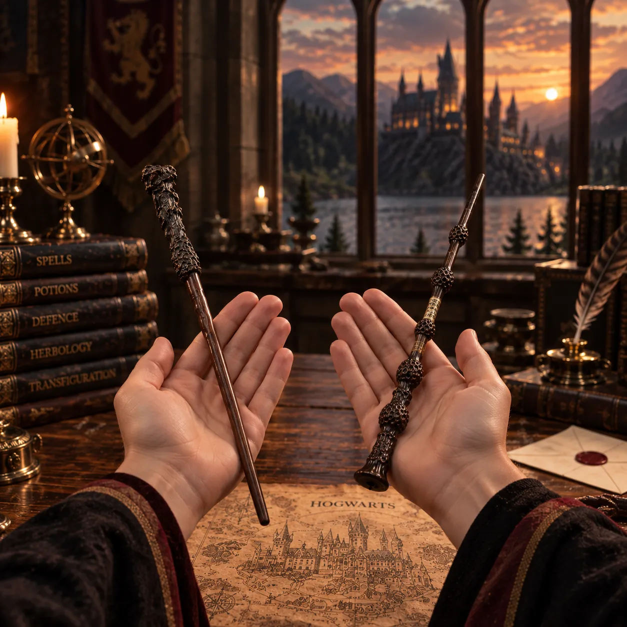 Dumbledore és Harry Potter pálcája kézben, Roxfort háttérrel