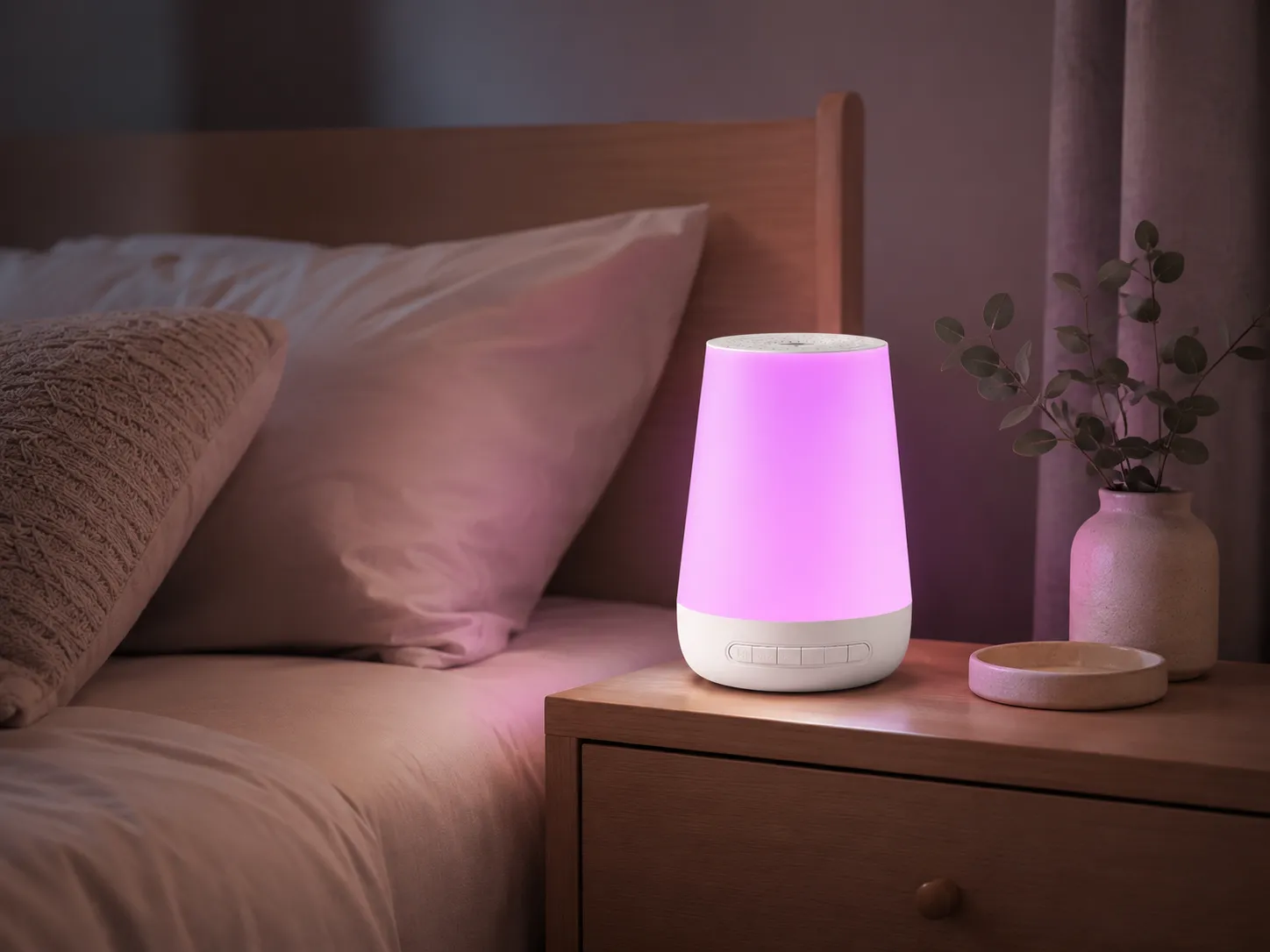 SnoozTo Glow white-noise machine glowing beside a bed