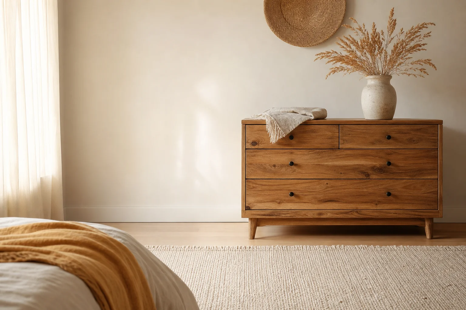 An acacia chest of drawers beside a cream flatweave rug in a sunlit bedroom