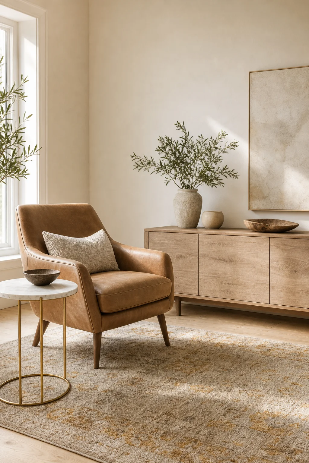 A calm living room with a washed oak sideboard, tan accent chair and patterned rug