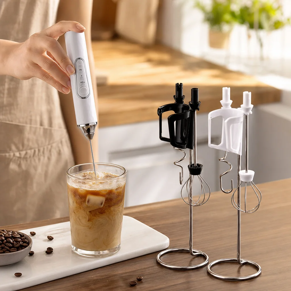 Handheld electric whisk frothing a glass of iced coffee