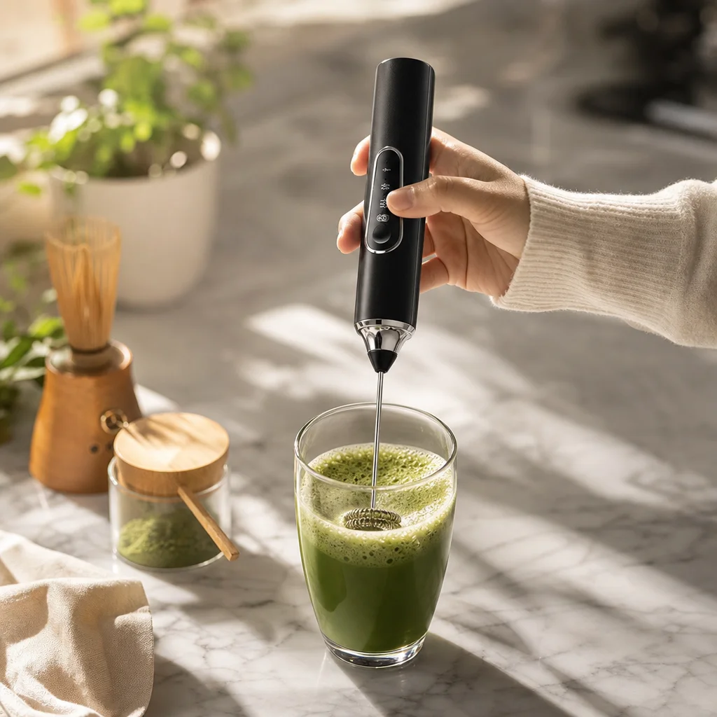 Matcha being whisked smooth in a glass