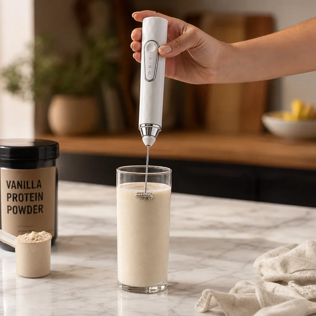 Protein shake being mixed with the electric whisk