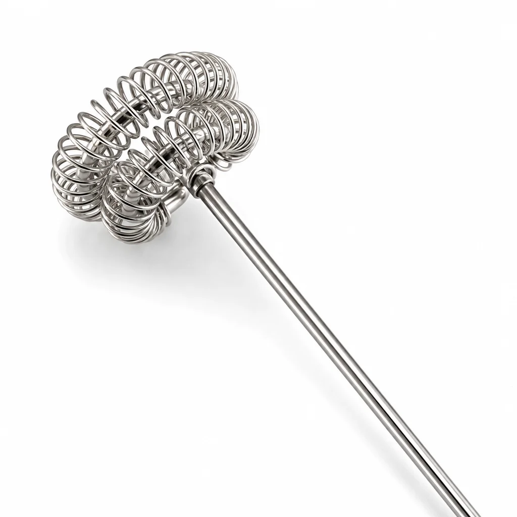 Close-up of the stainless steel spring coil frothing head