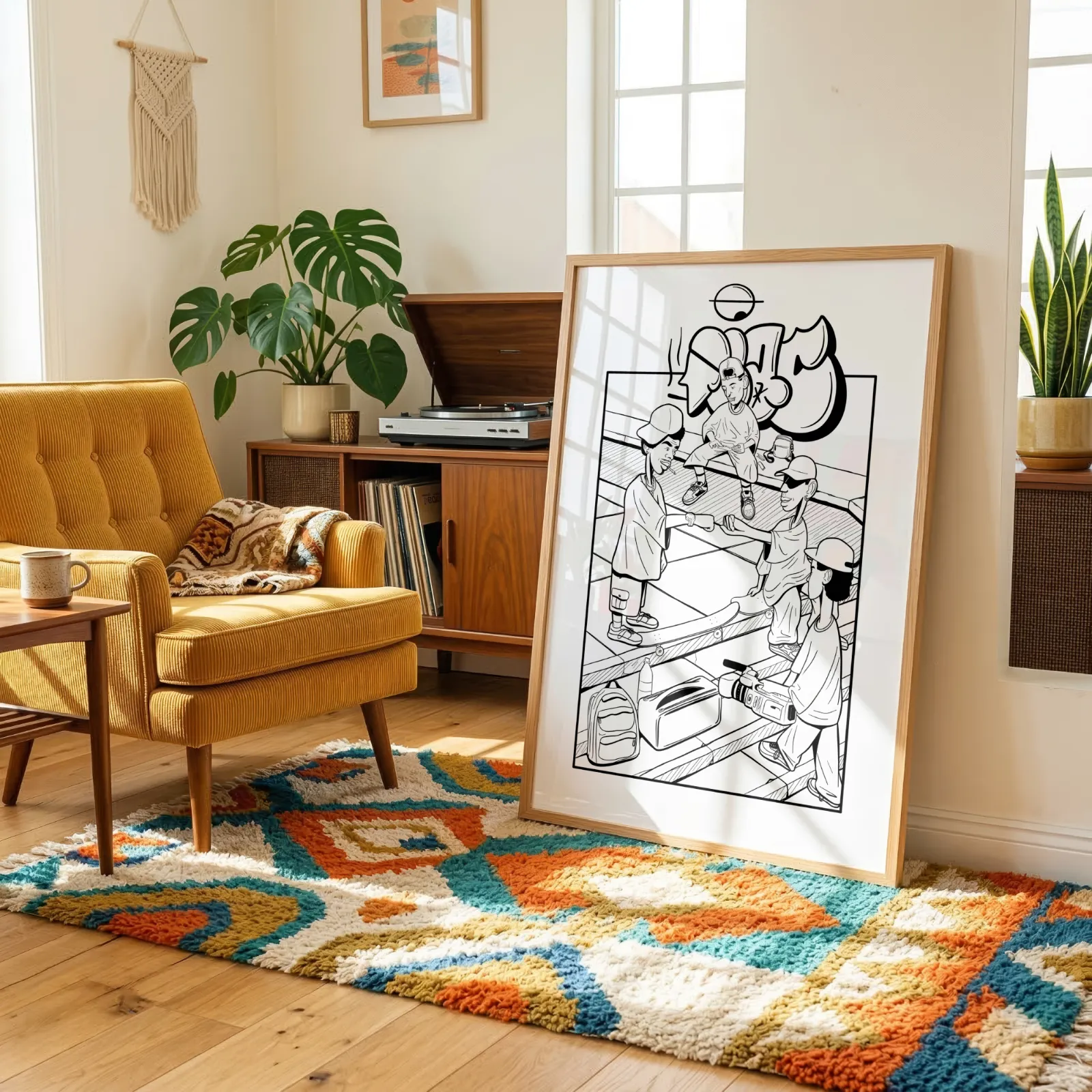 A framed Urban Archive Gallery print resting against the wall of a mid-century living room