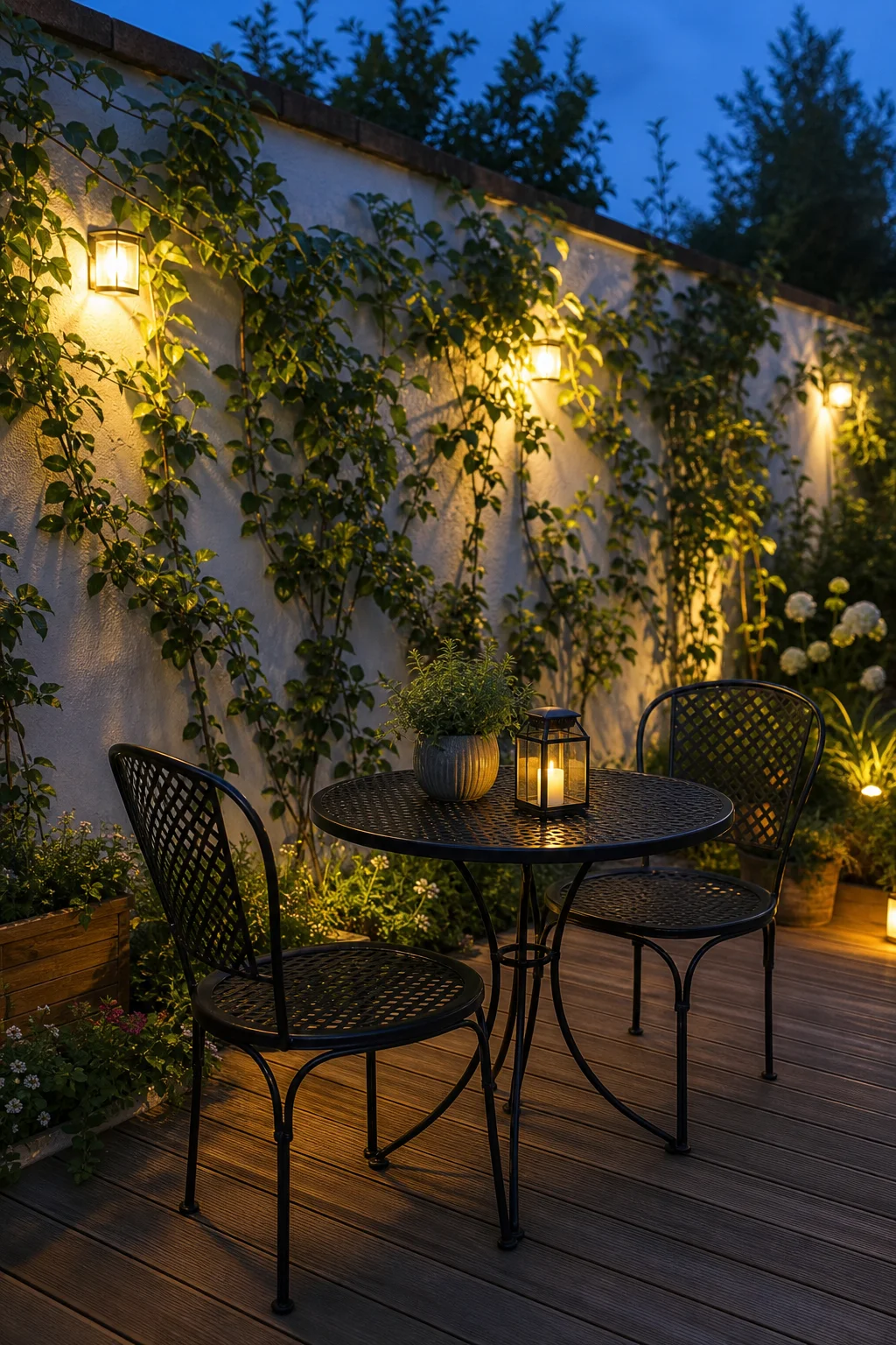 Iron bistro set on a garden deck lit by warm solar lights at dusk