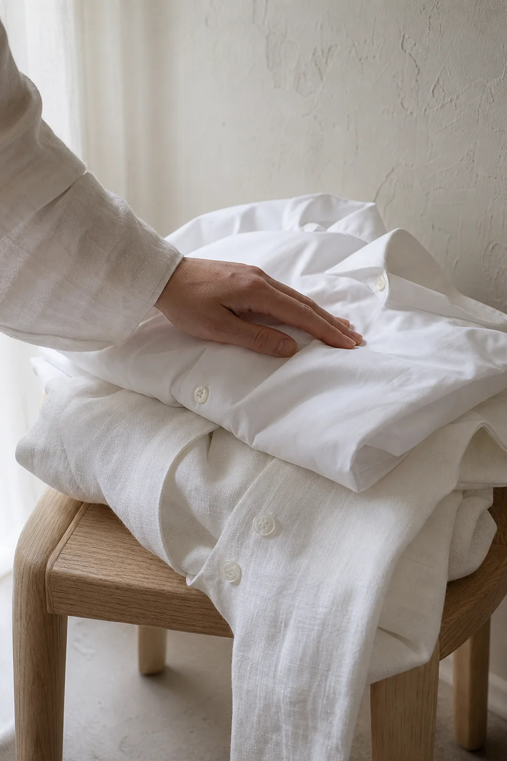 White poplin and linen folded over a pale oak stool